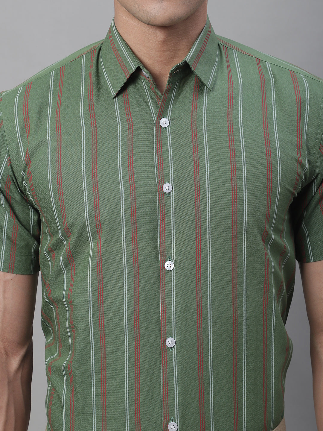 Men's Olive Green Striped Formal Shirt - Taantav