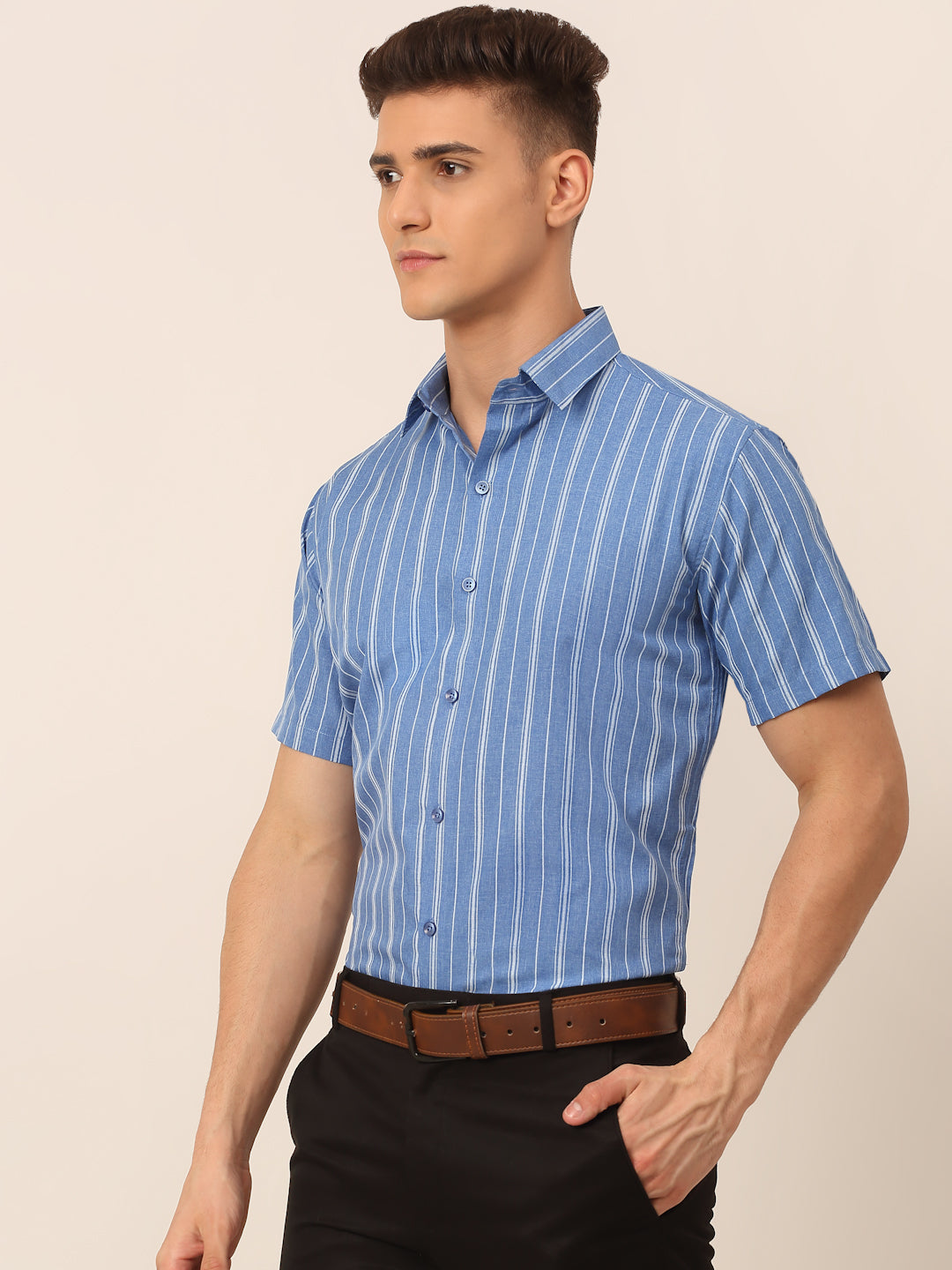 Men's Blue & White Classic Striped Formal Shirt - Taantav