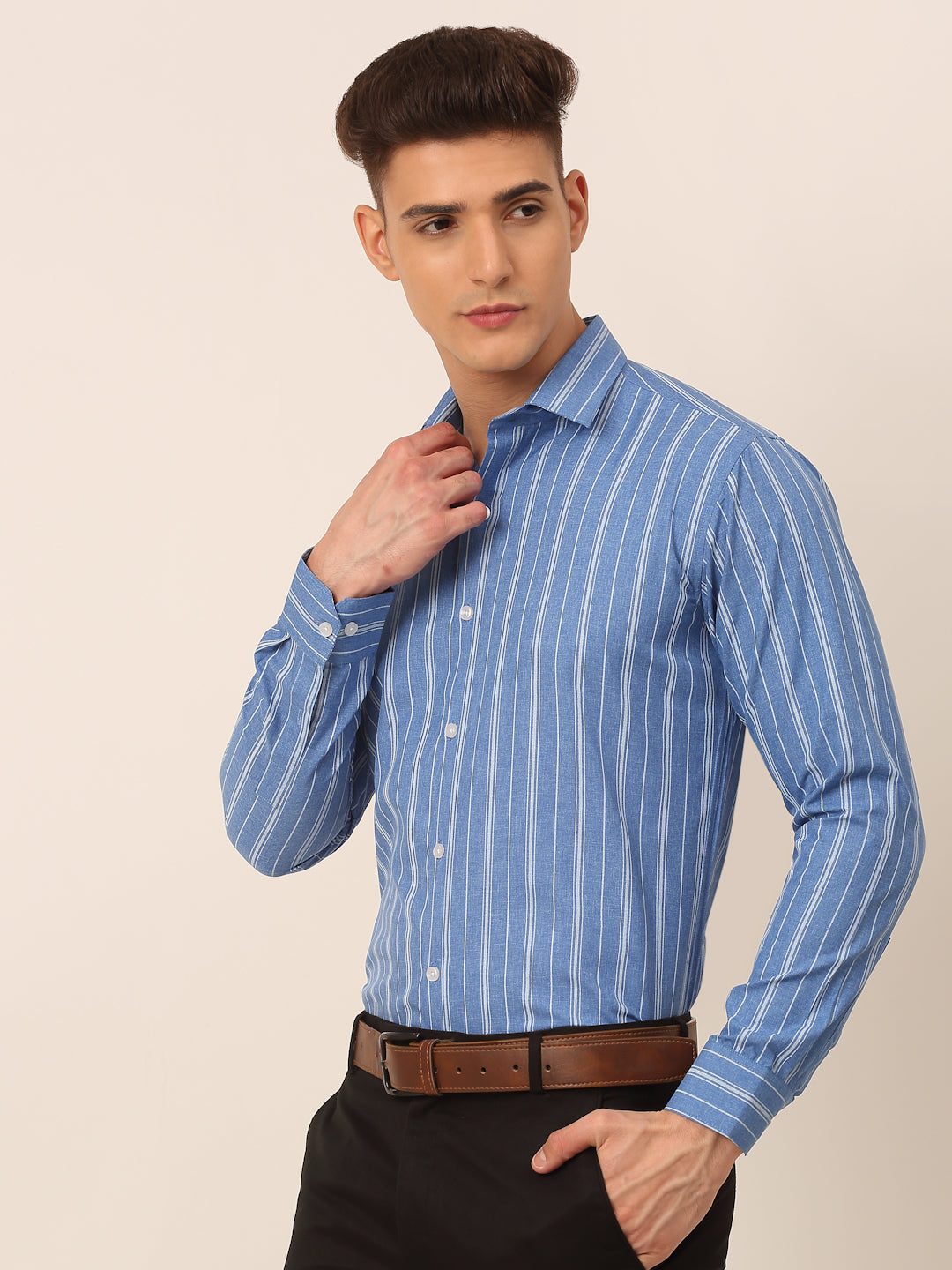 Men's Blue & White Classic Striped Formal Shirt - Taantav