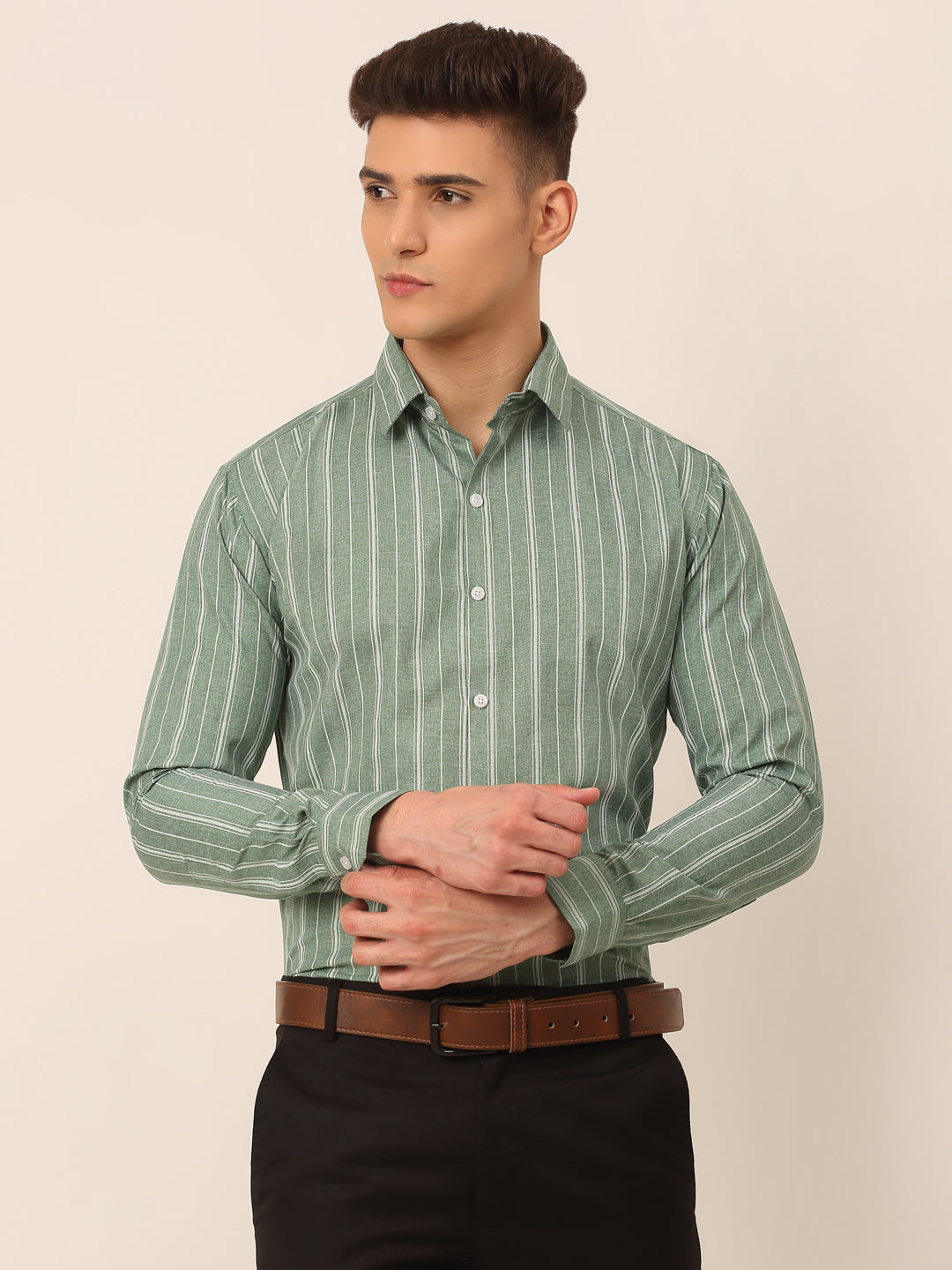 Men's Green & White Classic Striped Formal Shirt - Taantav