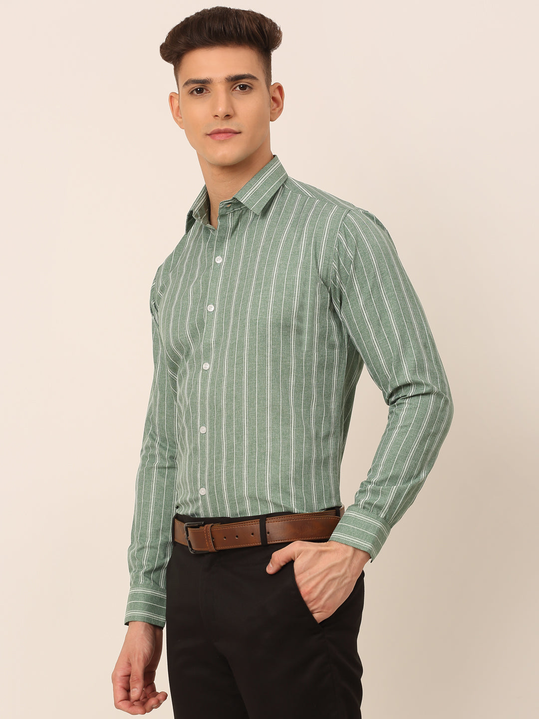 Men's Green & White Classic Striped Formal Shirt - Taantav