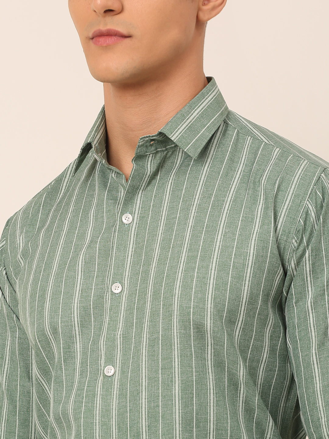 Men's Green & White Classic Striped Formal Shirt - Taantav