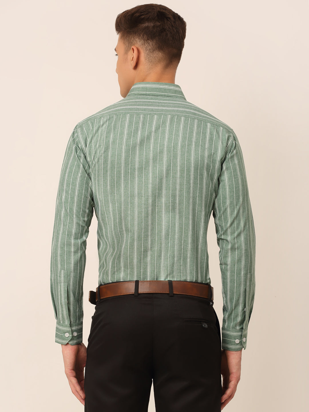 Men's Green & White Classic Striped Formal Shirt - Taantav