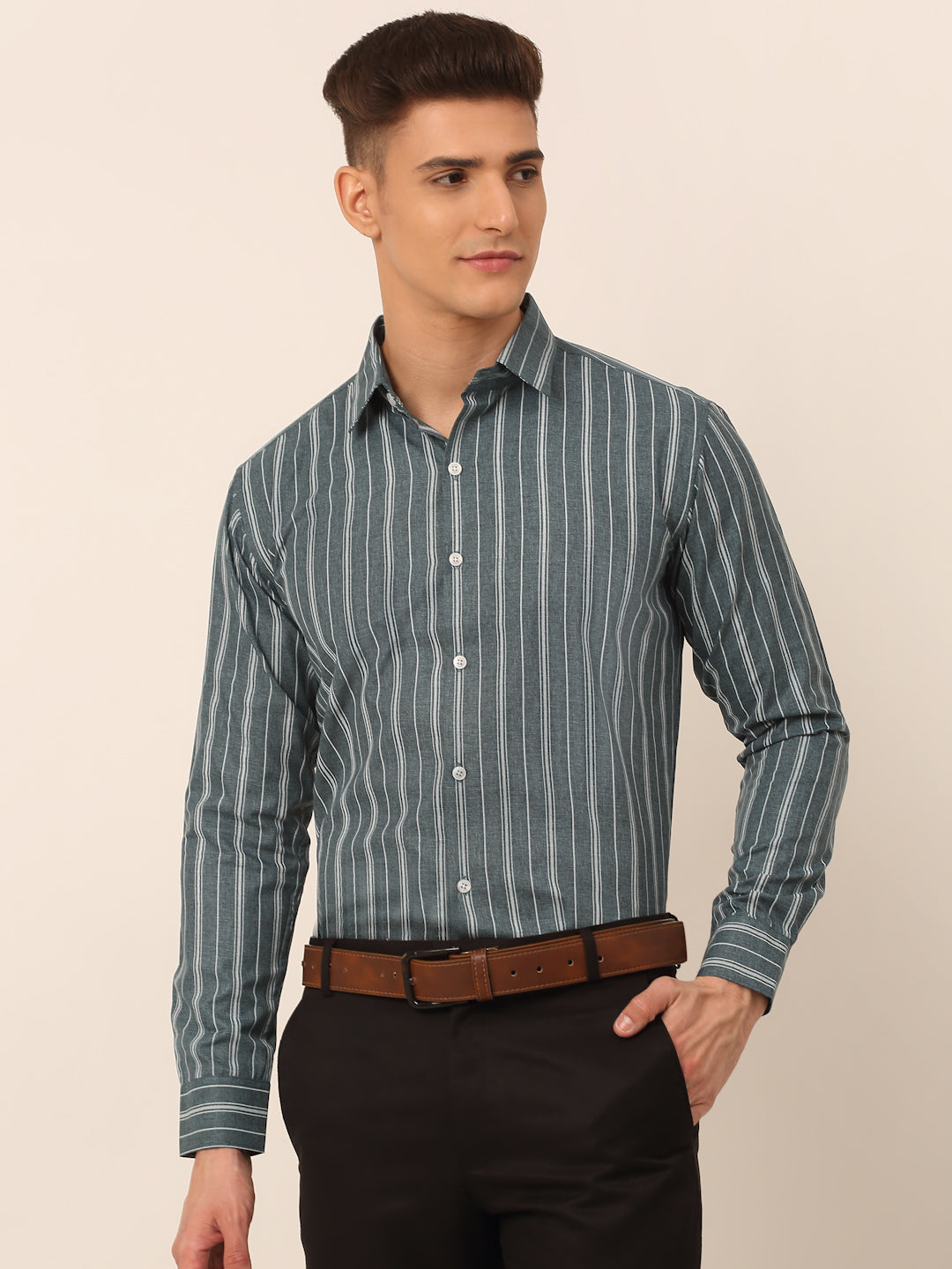 Men's Grey & White Classic Striped Formal Shirt - Taantav