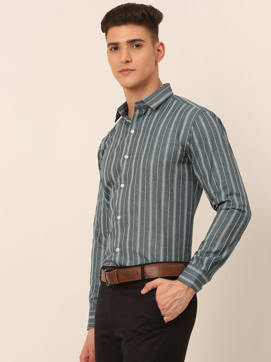 Men's Grey & White Classic Striped Formal Shirt - Taantav