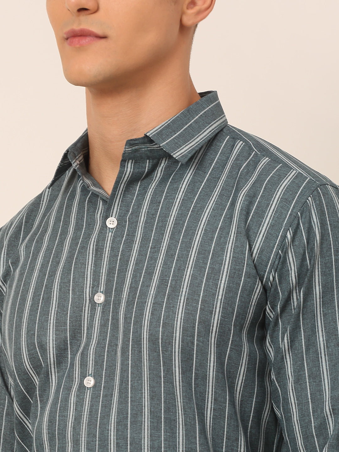 Men's Grey & White Classic Striped Formal Shirt - Taantav