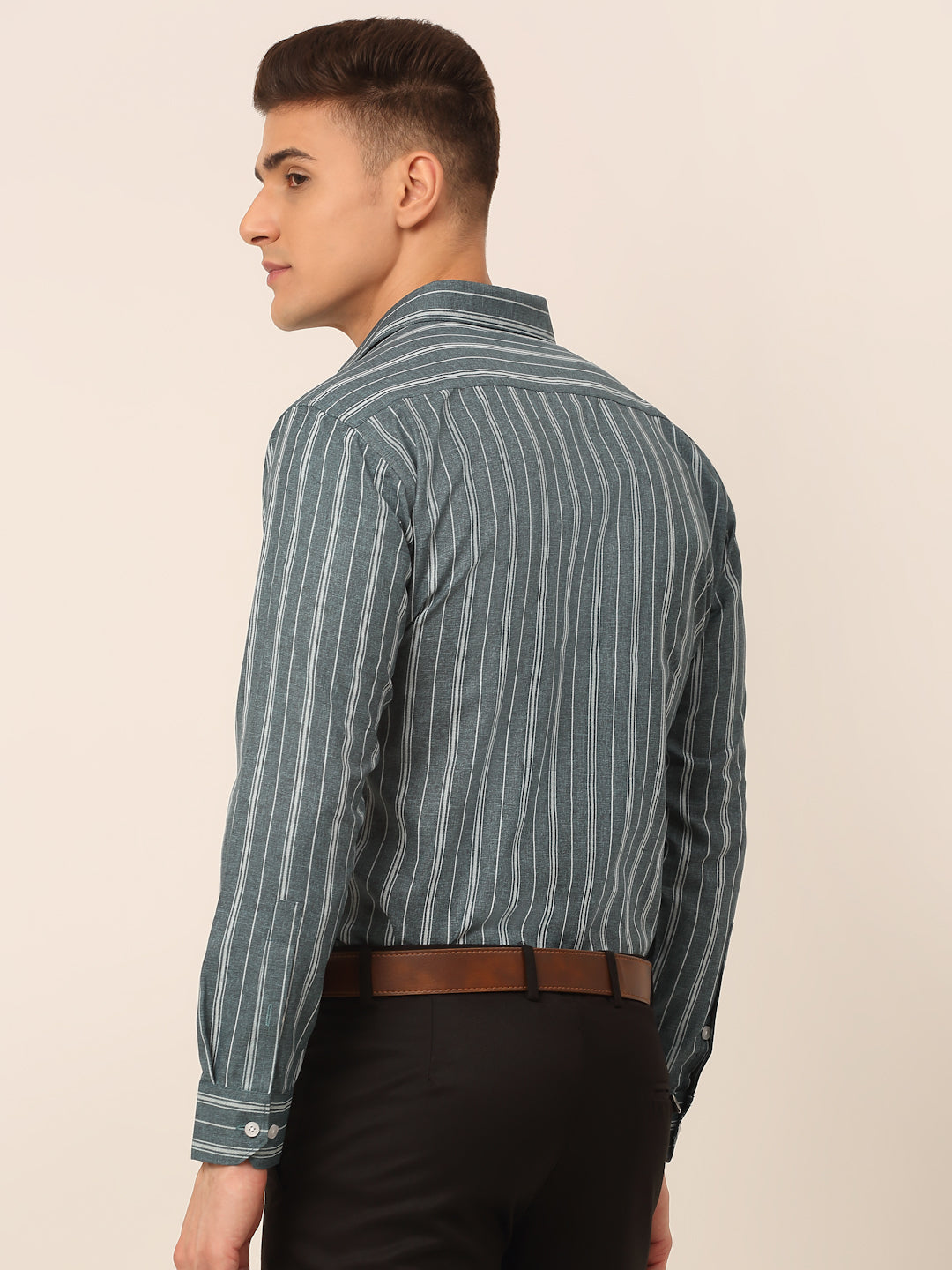 Men's Grey & White Classic Striped Formal Shirt - Taantav