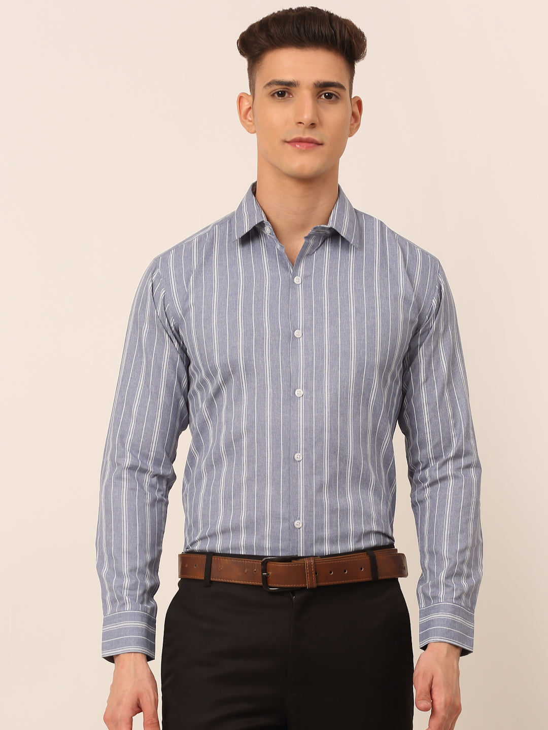 Men's Light Grey & White Classic Striped Formal Shirt - Taantav