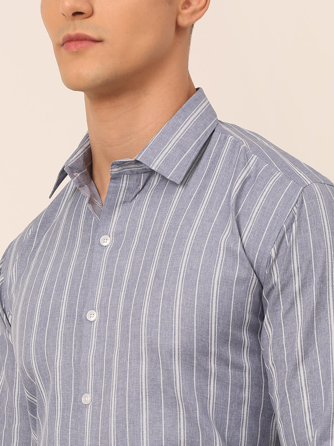 Men's Light Grey & White Classic Striped Formal Shirt - Taantav