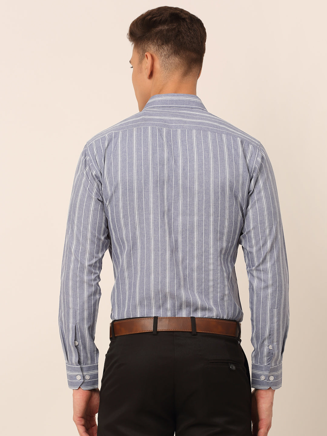 Men's Light Grey & White Classic Striped Formal Shirt - Taantav