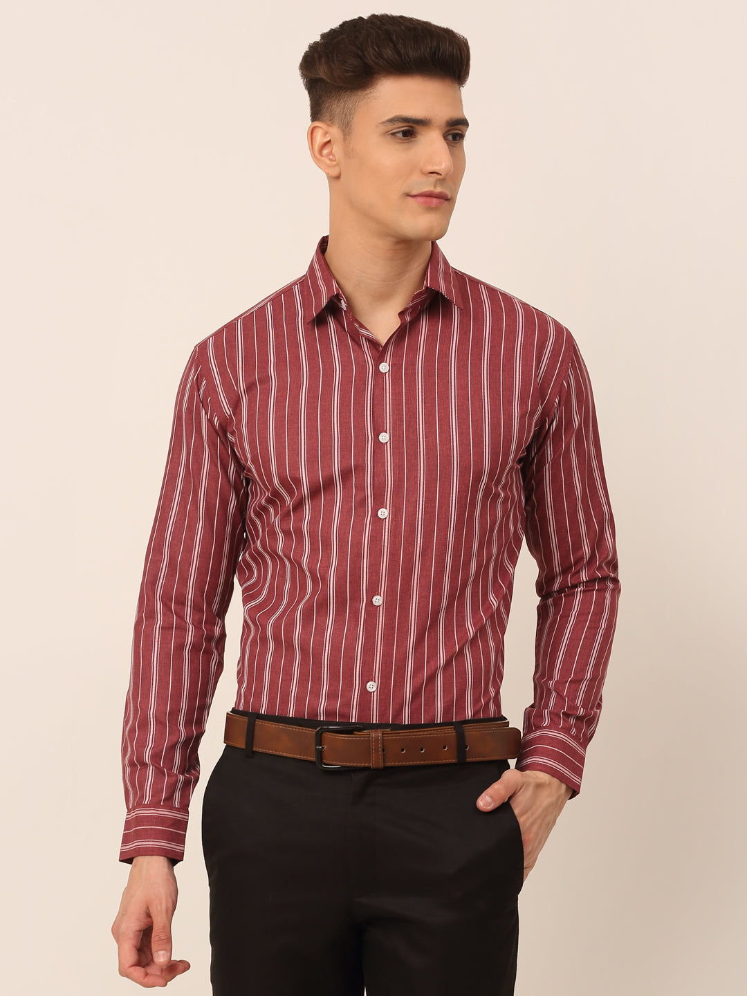 Men's Maroon & White Classic Striped Formal Shirt - Taantav