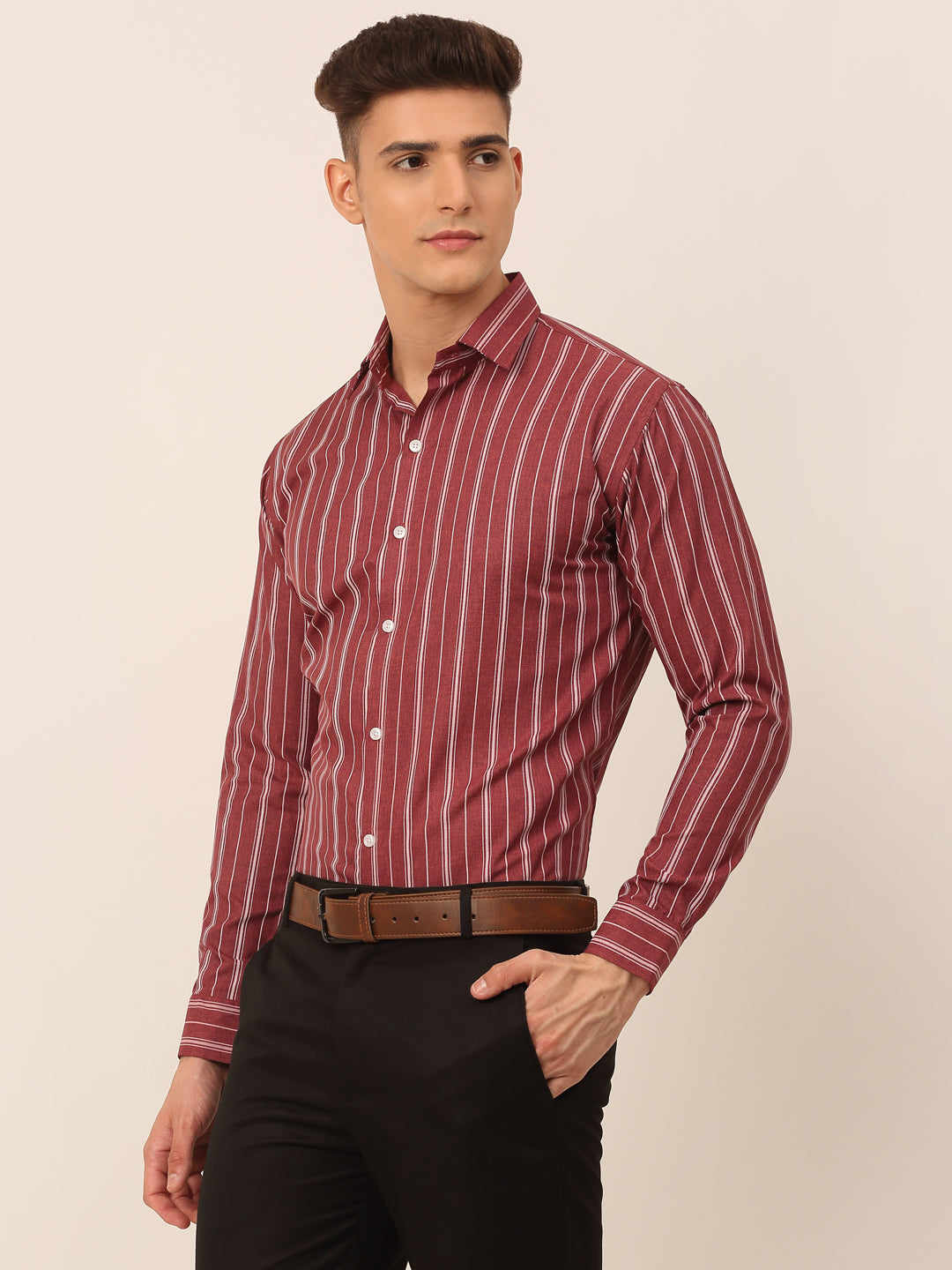 Men's Maroon & White Classic Striped Formal Shirt - Taantav