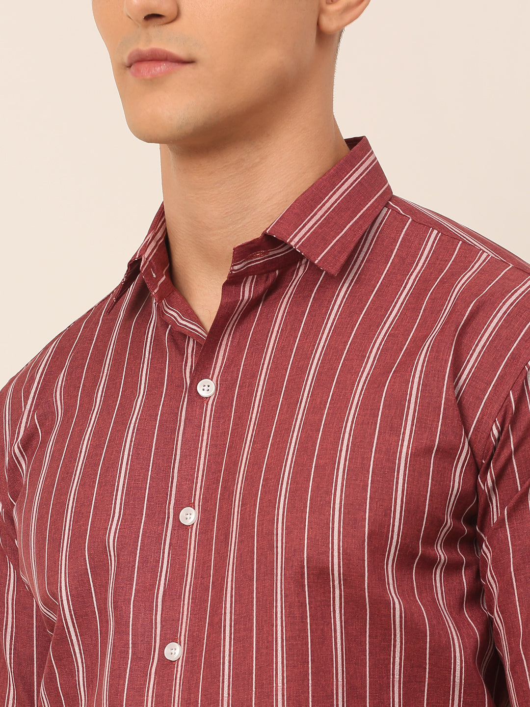 Men's Maroon & White Classic Striped Formal Shirt - Taantav