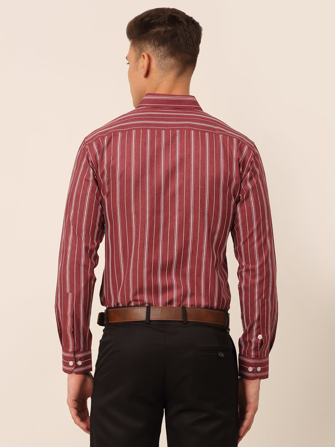 Men's Maroon & White Classic Striped Formal Shirt - Taantav