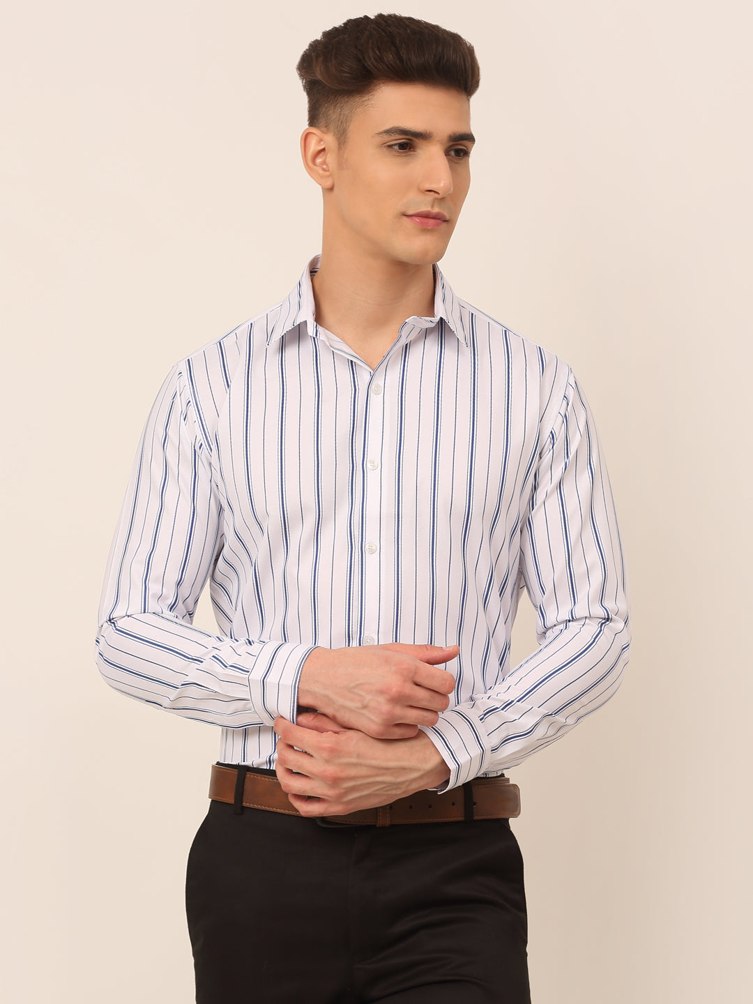 Men's White & Blue Classic Striped Formal Shirt - Taantav