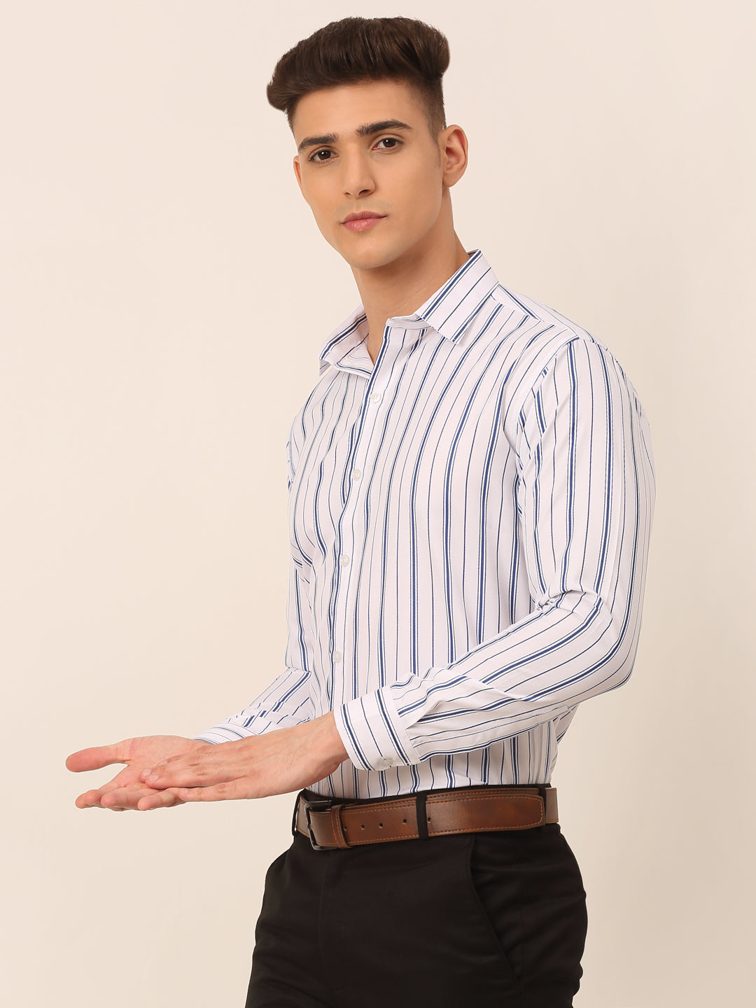 Men's White & Blue Classic Striped Formal Shirt - Taantav