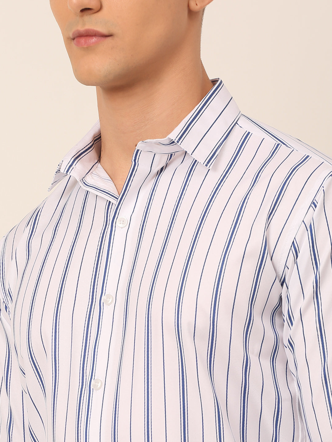 Men's White & Blue Classic Striped Formal Shirt - Taantav