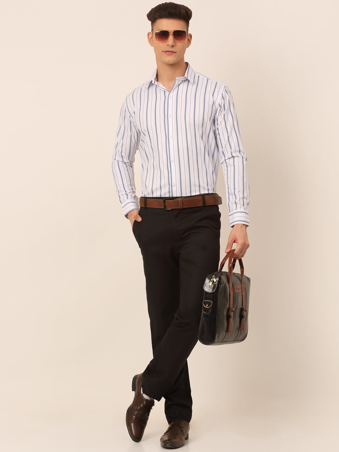 Men's White & Blue Classic Striped Formal Shirt - Taantav