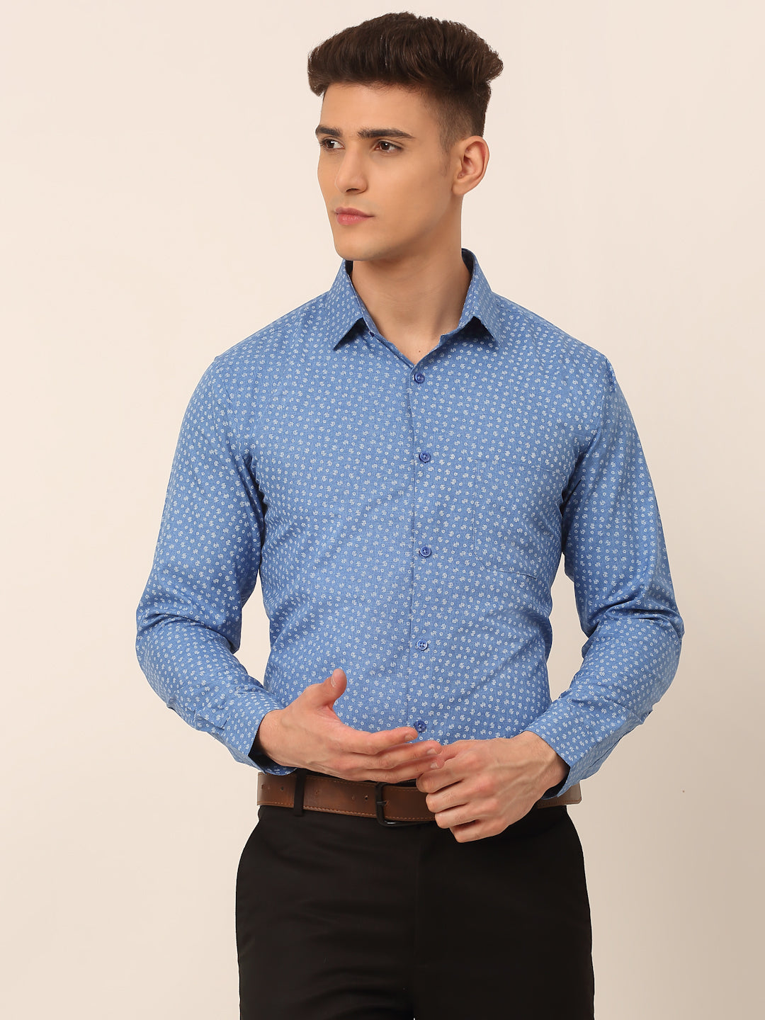 Men's Blue Classic Printed Formal Shirt - Taantav