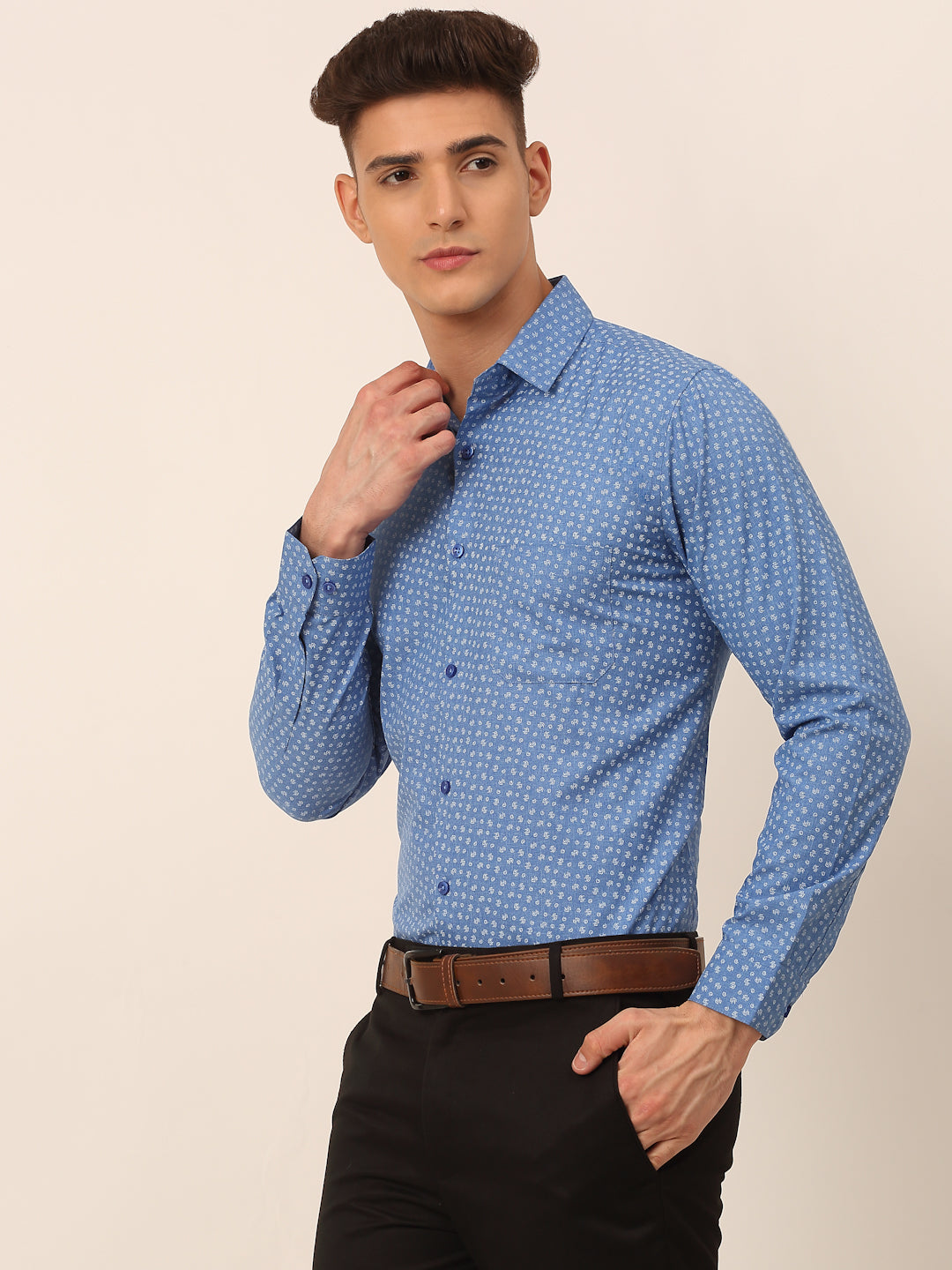 Men's Blue Classic Printed Formal Shirt - Taantav