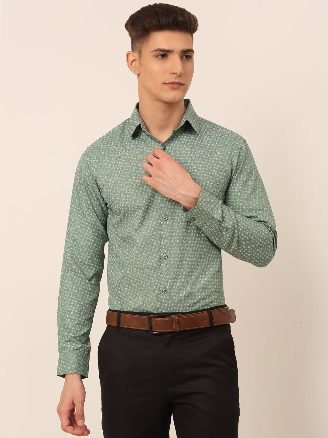 Men's Green Classic Printed Formal Shirt - Taantav