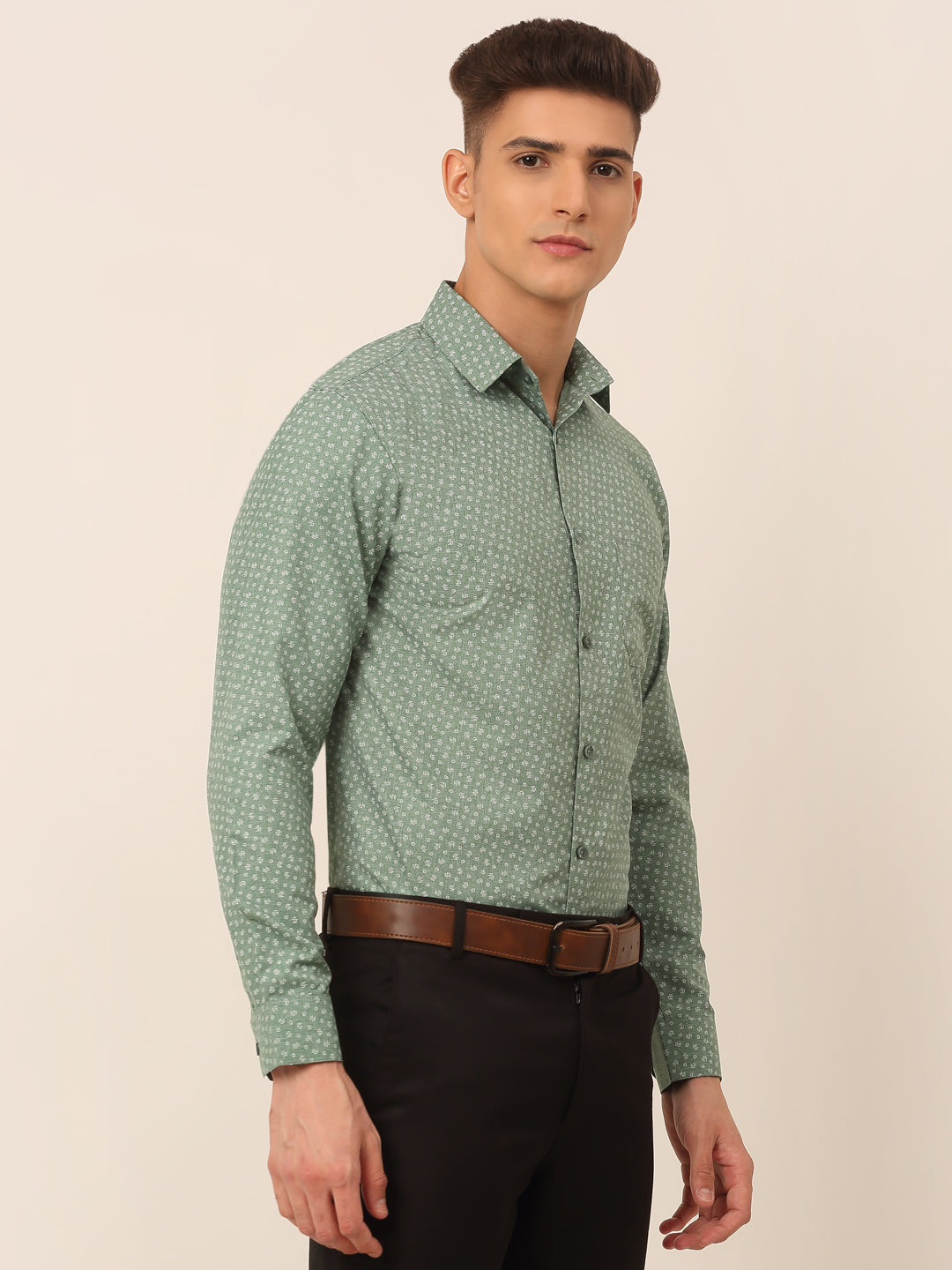 Men's Green Classic Printed Formal Shirt - Taantav