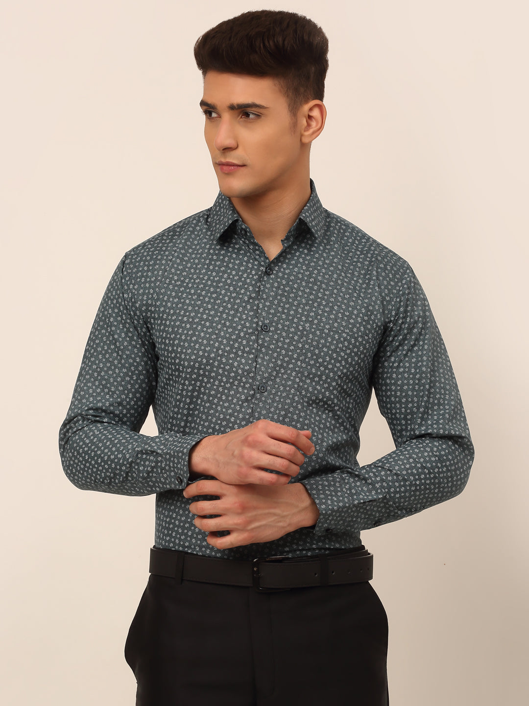 Men's Grey Classic Printed Formal Shirt - Taantav