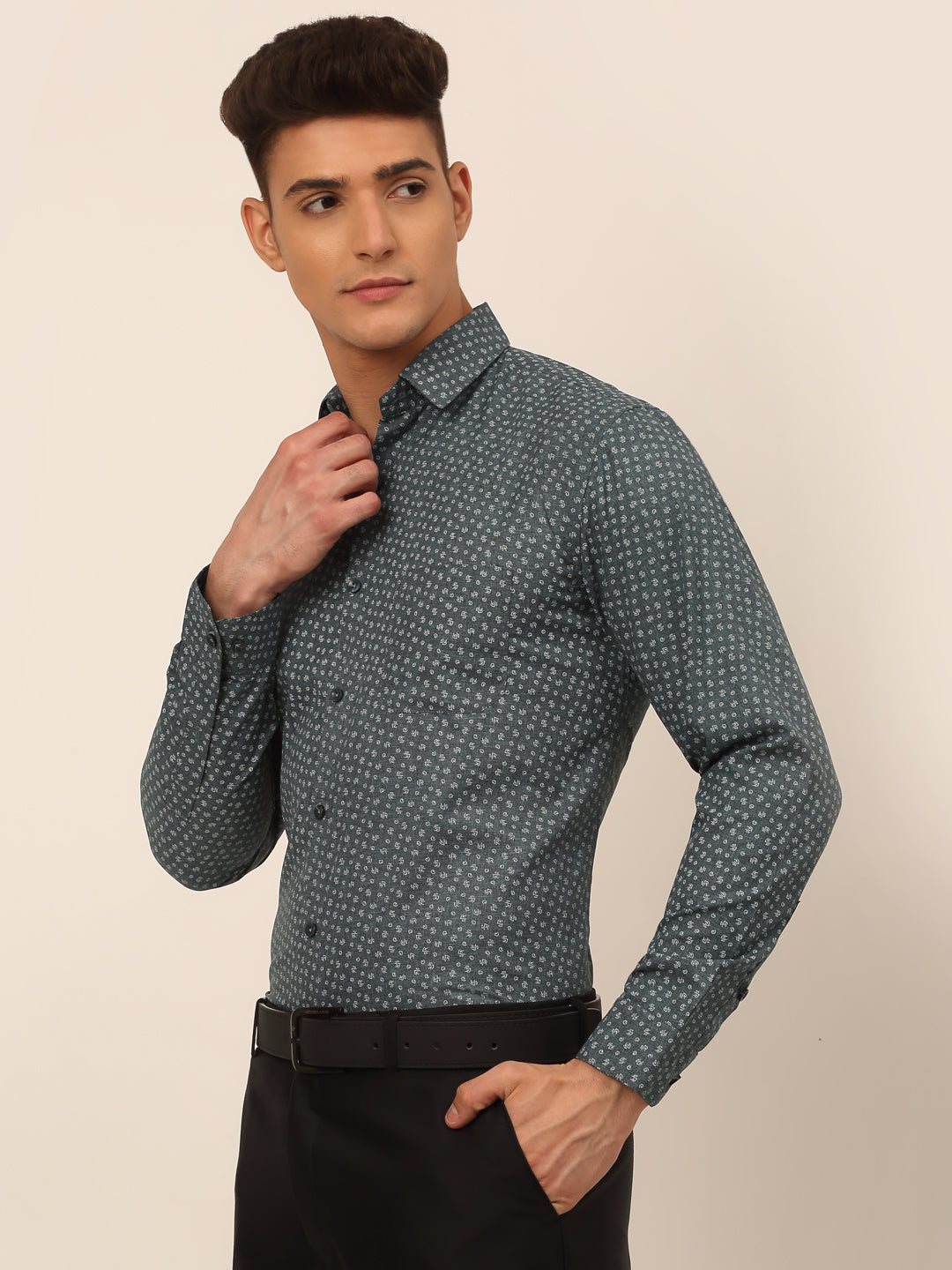 Men's Grey Classic Printed Formal Shirt - Taantav