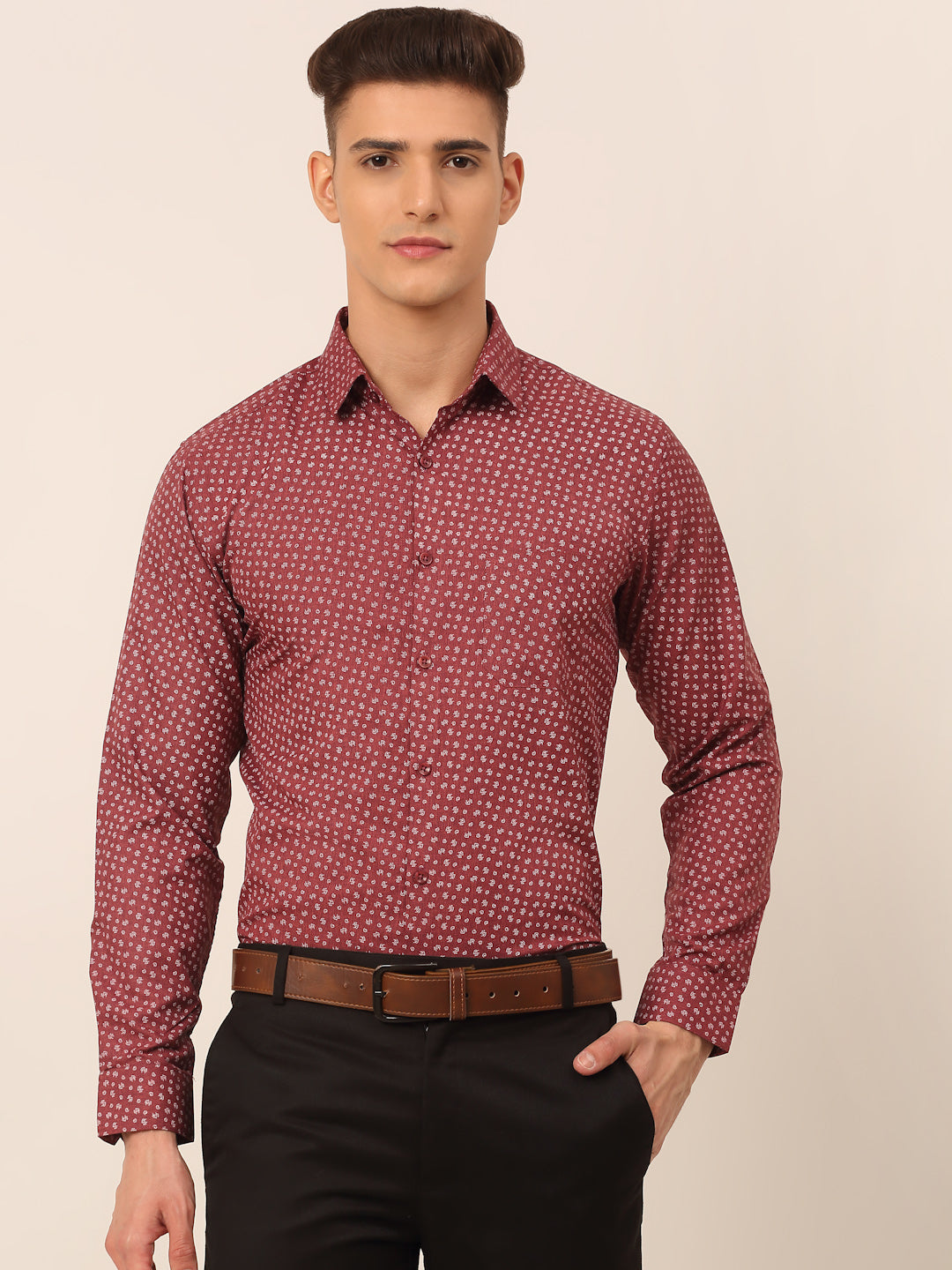 Men's Maroon Classic Printed Formal Shirt - Taantav