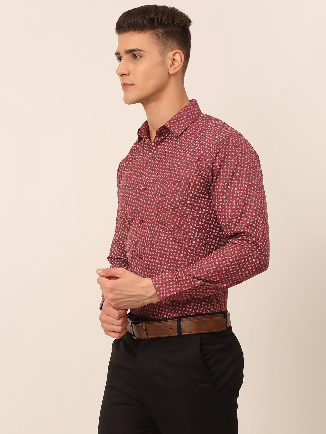 Men's Maroon Classic Printed Formal Shirt - Taantav