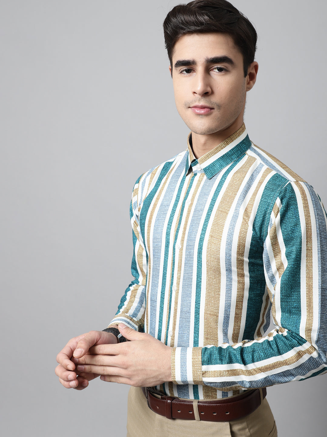 Men's Green Classic Striped Formal Shirt - Taantav