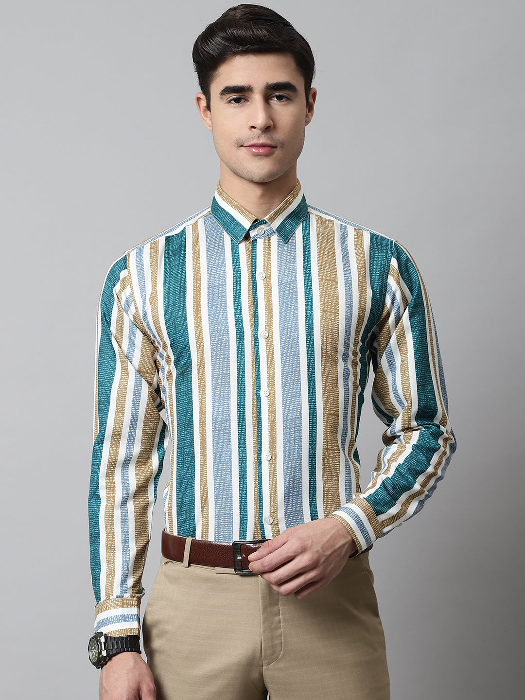 Men's Green Classic Striped Formal Shirt - Taantav