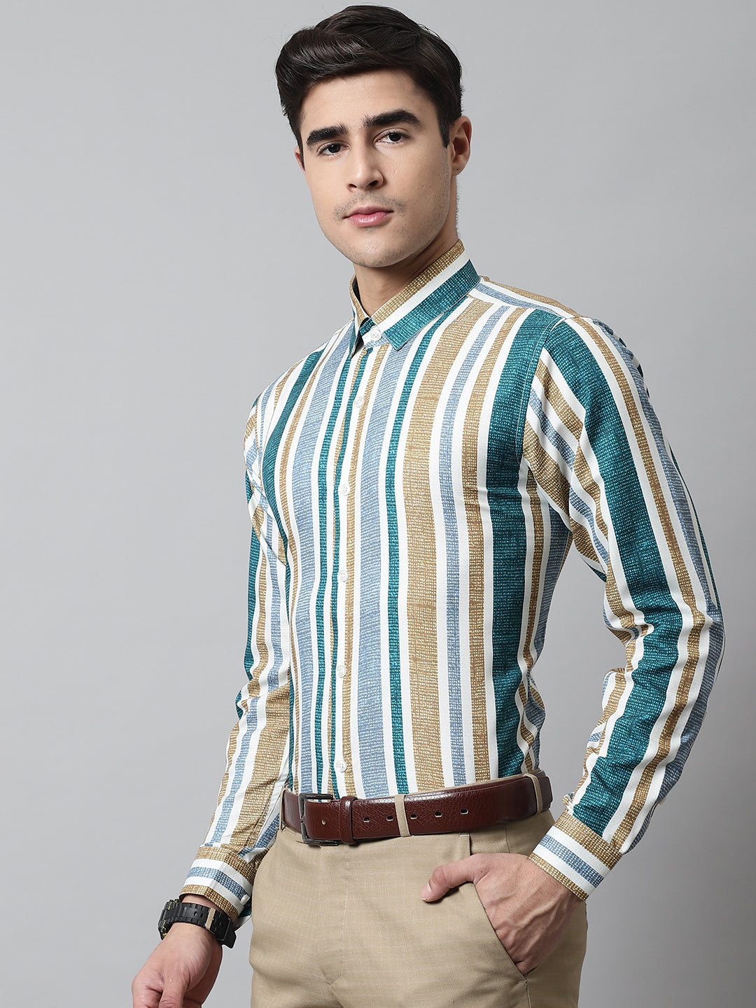 Men's Green Classic Striped Formal Shirt - Taantav