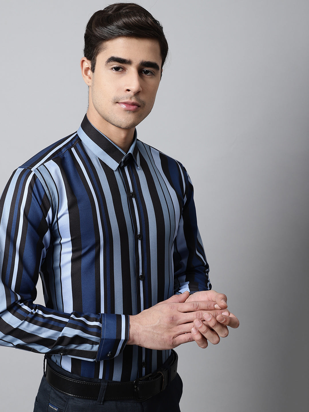 Men's Grey Classic Striped Formal Shirt - Taantav