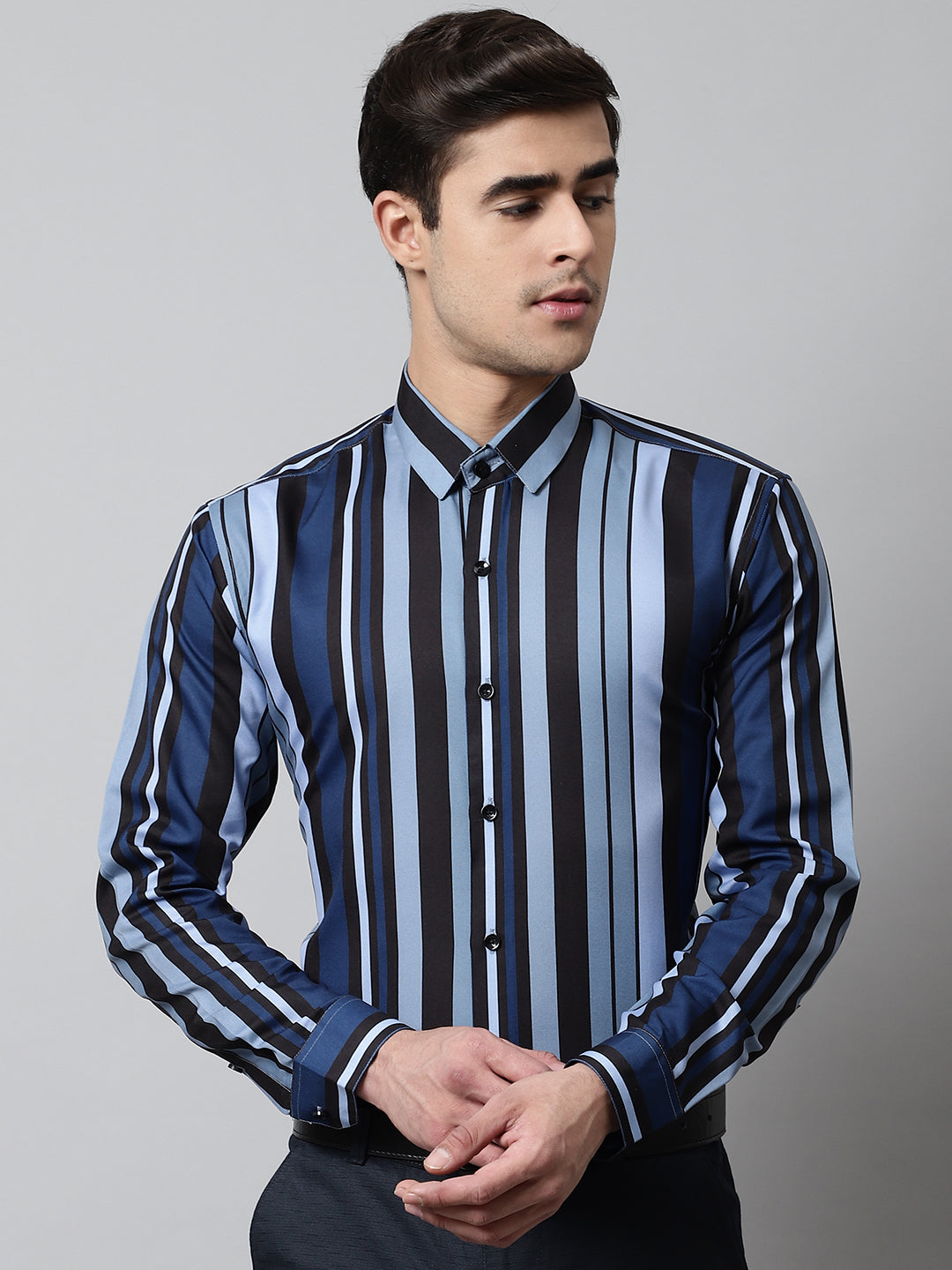 Men's Grey Classic Striped Formal Shirt - Taantav