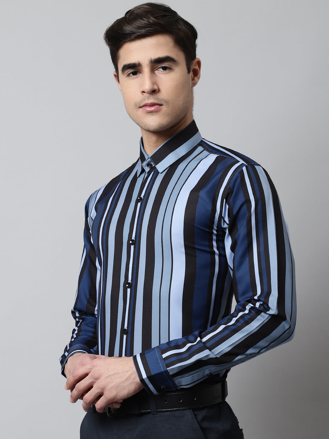 Men's Grey Classic Striped Formal Shirt - Taantav