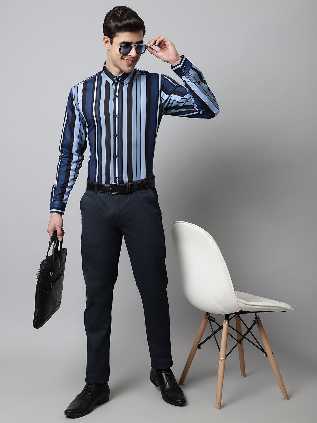 Men's Grey Classic Striped Formal Shirt - Taantav