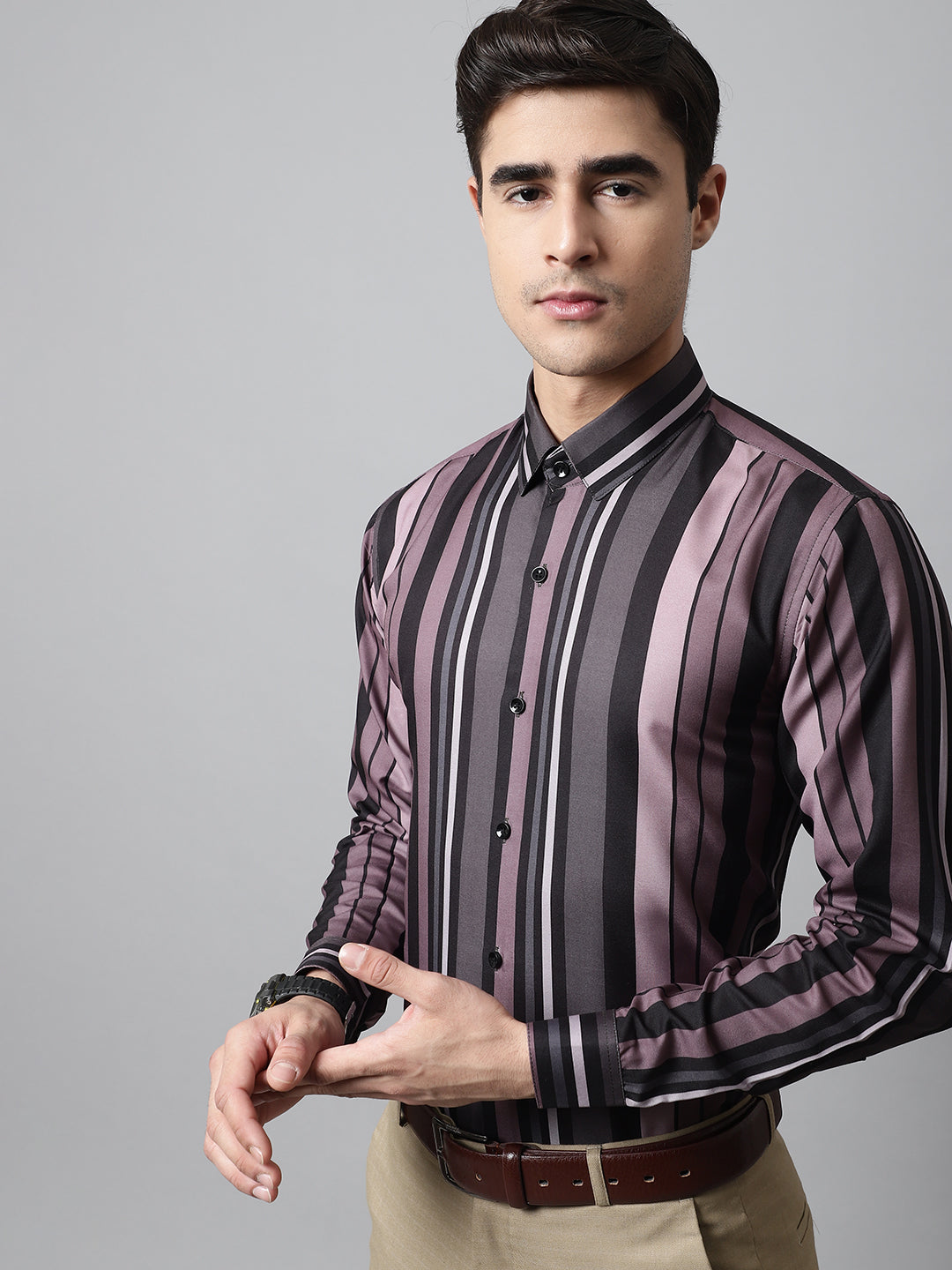 Men's Wine and Black Classic Striped Formal Shirt - Taantav