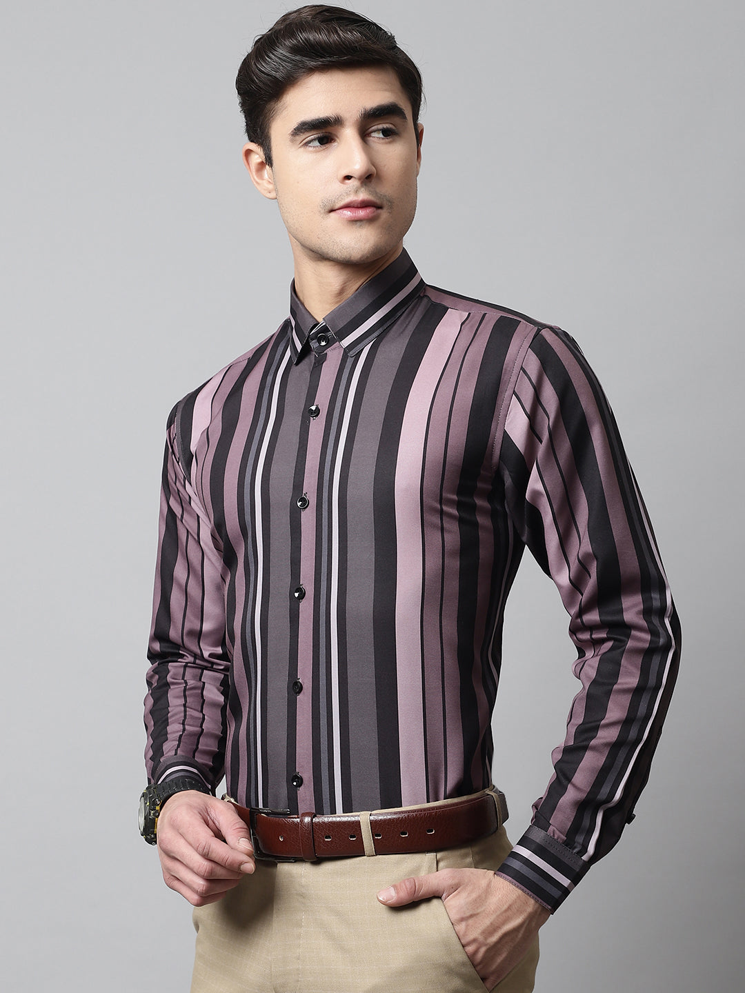 Men's Wine and Black Classic Striped Formal Shirt - Taantav