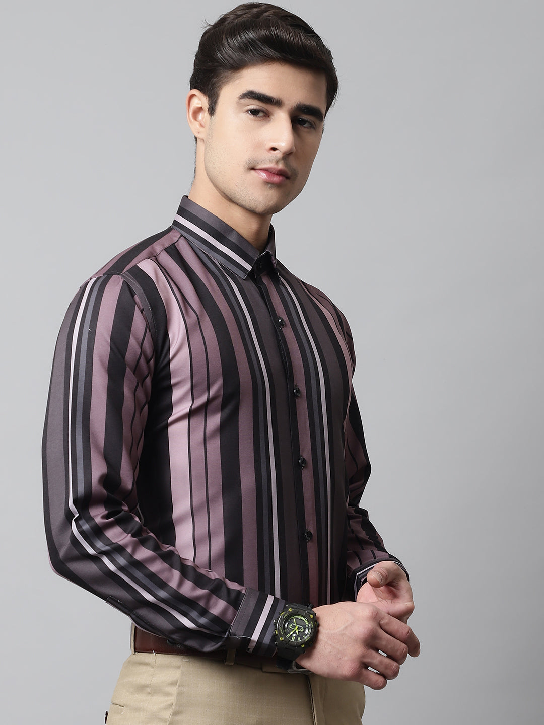 Men's Wine and Black Classic Striped Formal Shirt - Taantav