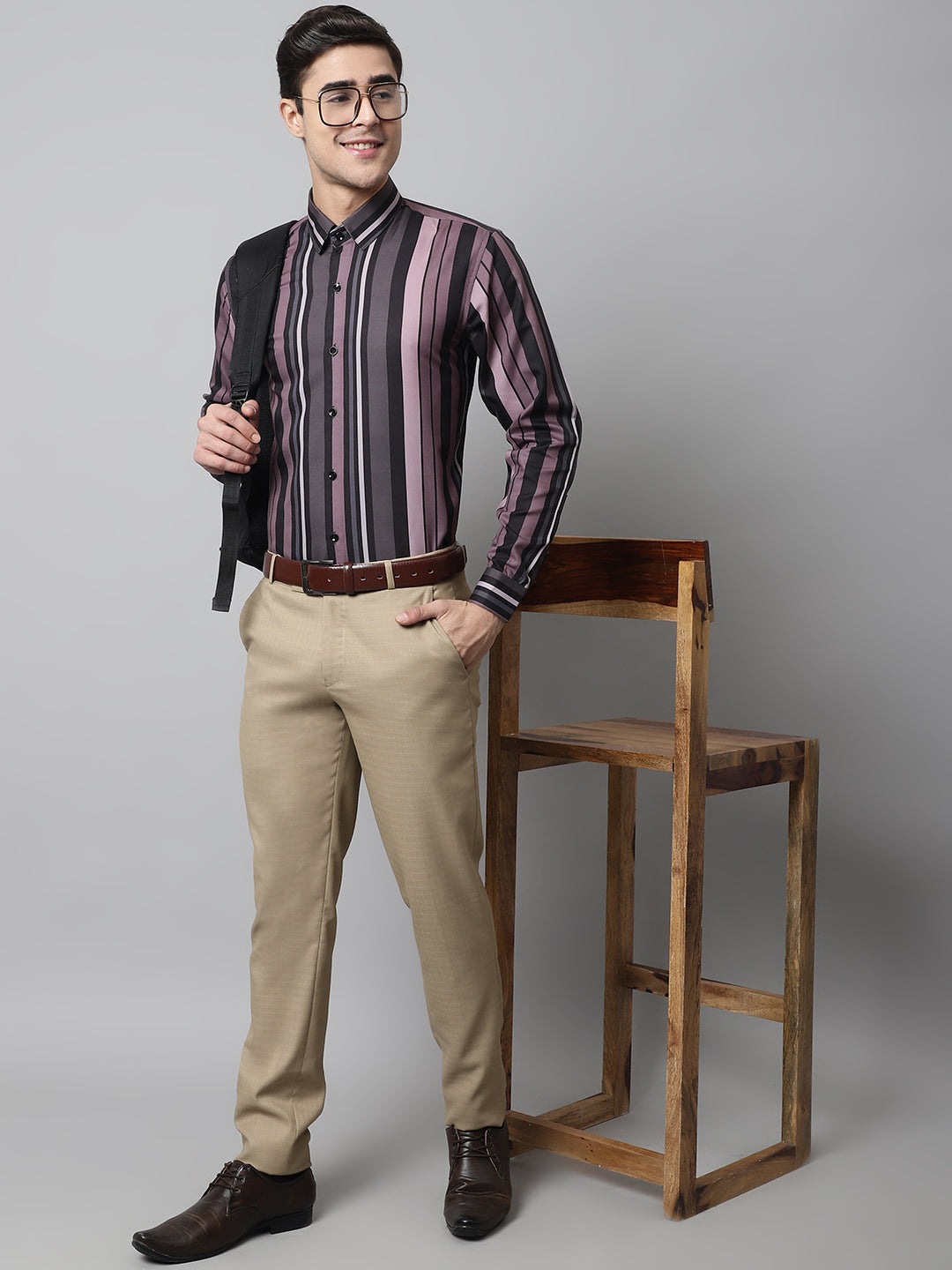 Men's Wine and Black Classic Striped Formal Shirt - Taantav