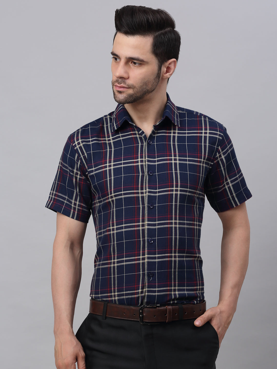 Men's Navy Half Sleeve Checked Formal Shirt - Taantav