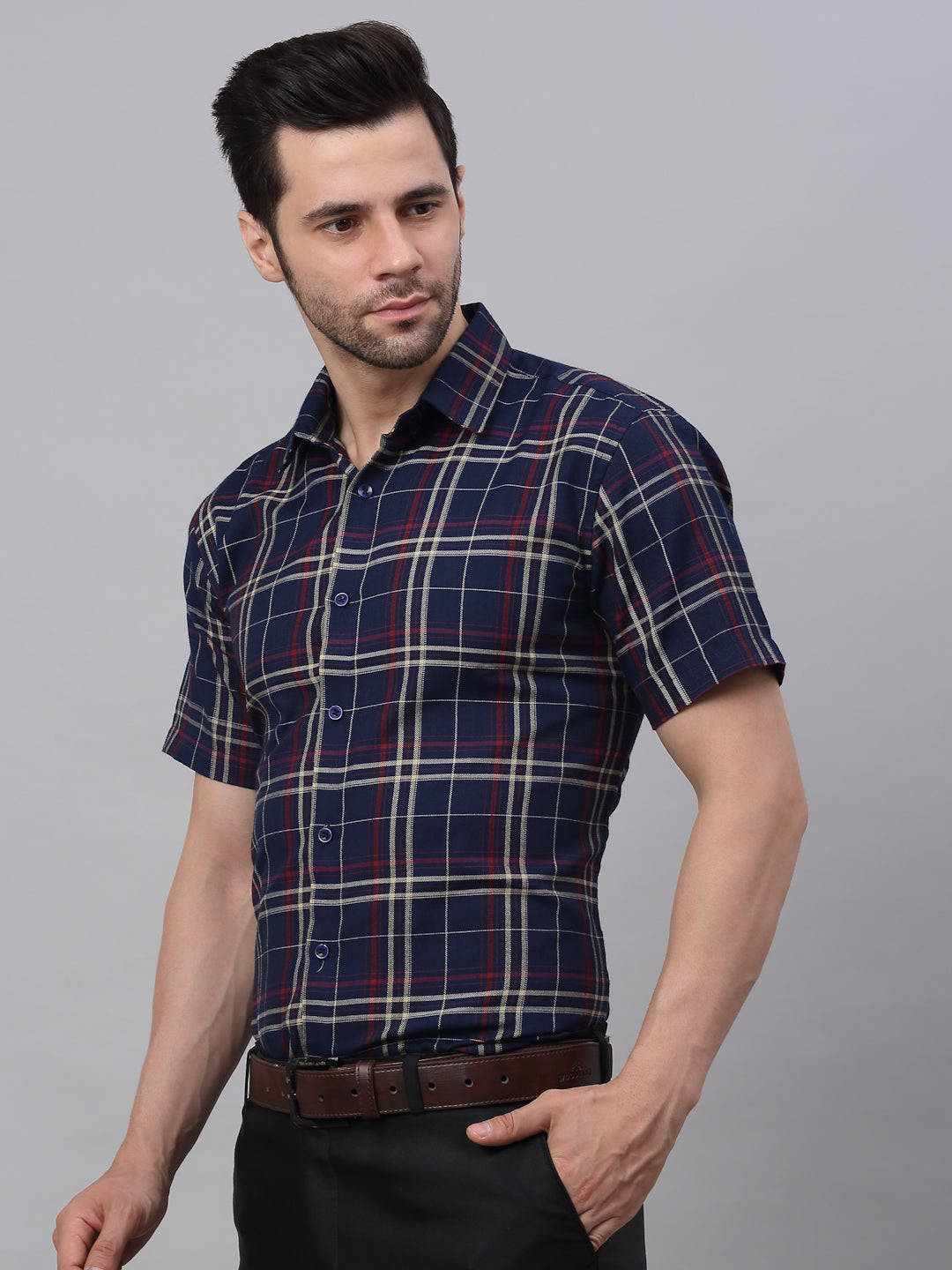 Men's Navy Half Sleeve Checked Formal Shirt - Taantav