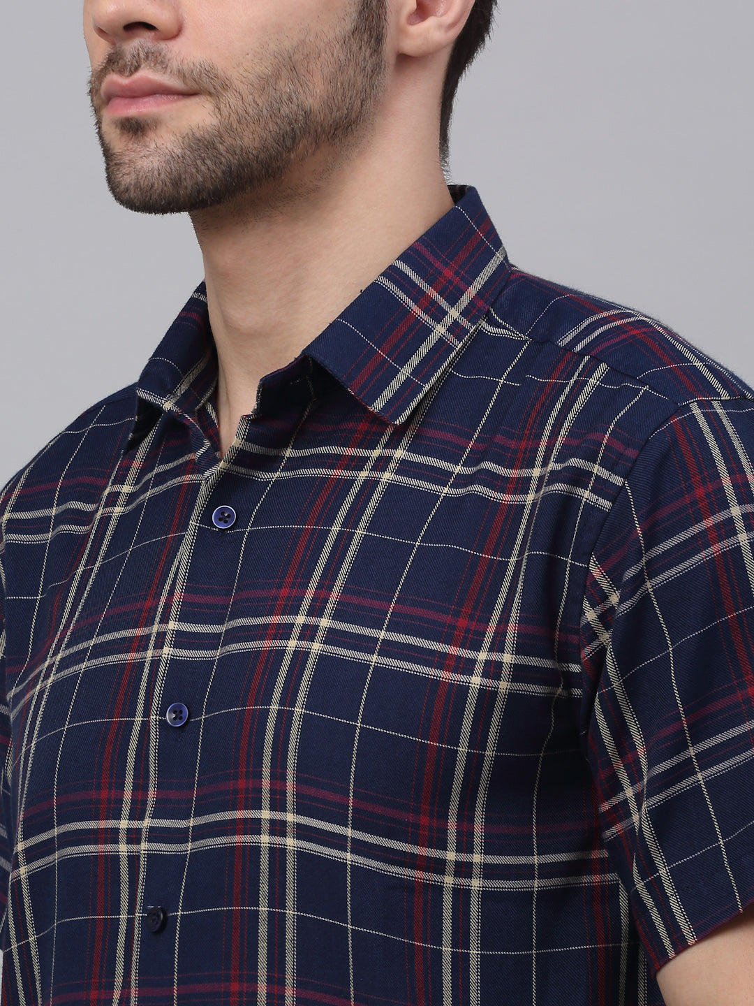 Men's Navy Half Sleeve Checked Formal Shirt - Taantav