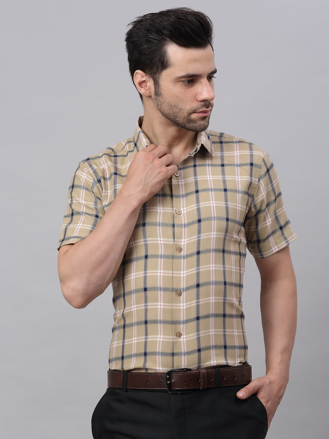 Men's Beige Half Sleeve Checked Formal Shirt - Taantav