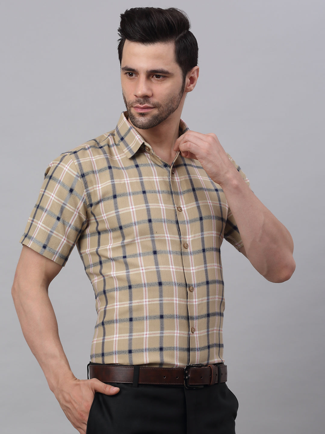 Men's Beige Half Sleeve Checked Formal Shirt - Taantav