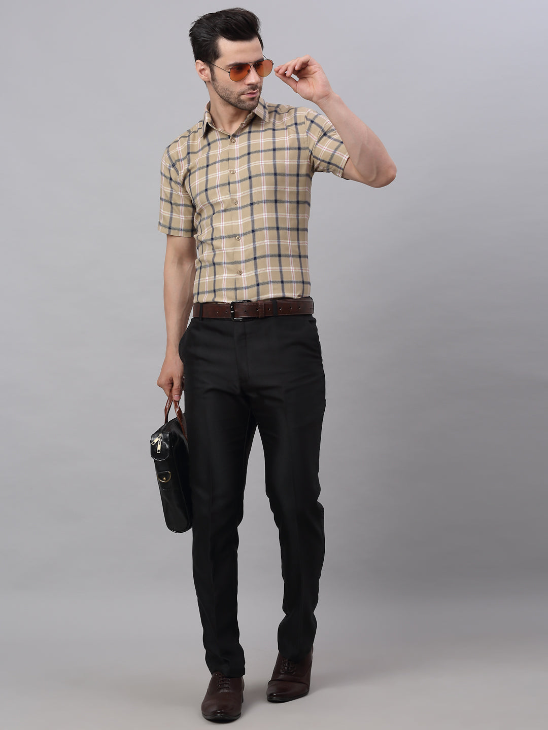 Men's Beige Half Sleeve Checked Formal Shirt - Taantav