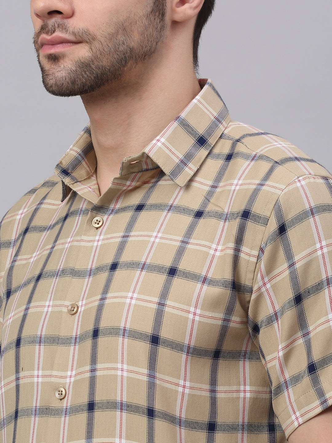 Men's Beige Half Sleeve Checked Formal Shirt - Taantav