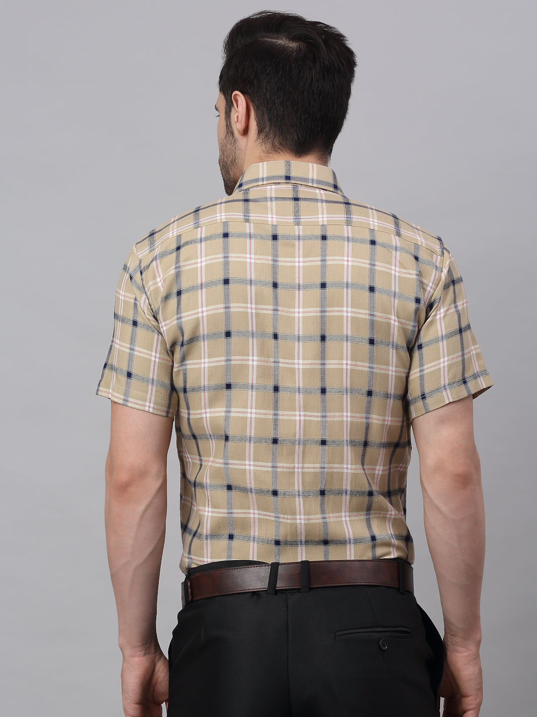 Men's Beige Half Sleeve Checked Formal Shirt - Taantav