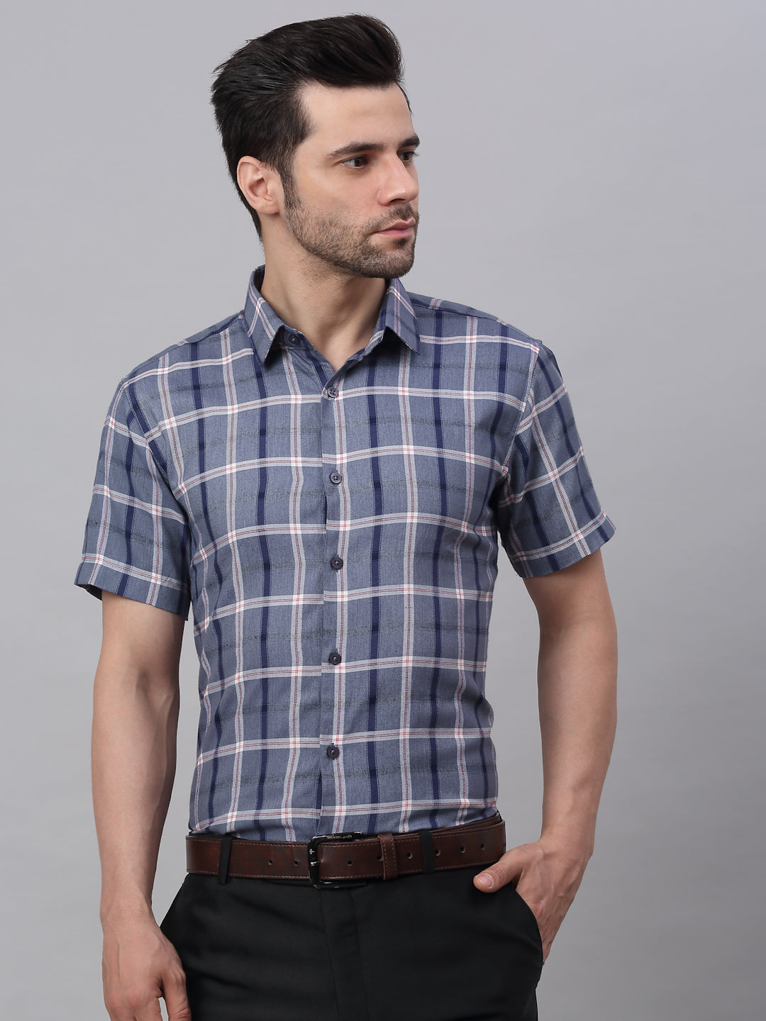 Men's Grey Half Sleeve Checked Formal Shirt - Taantav